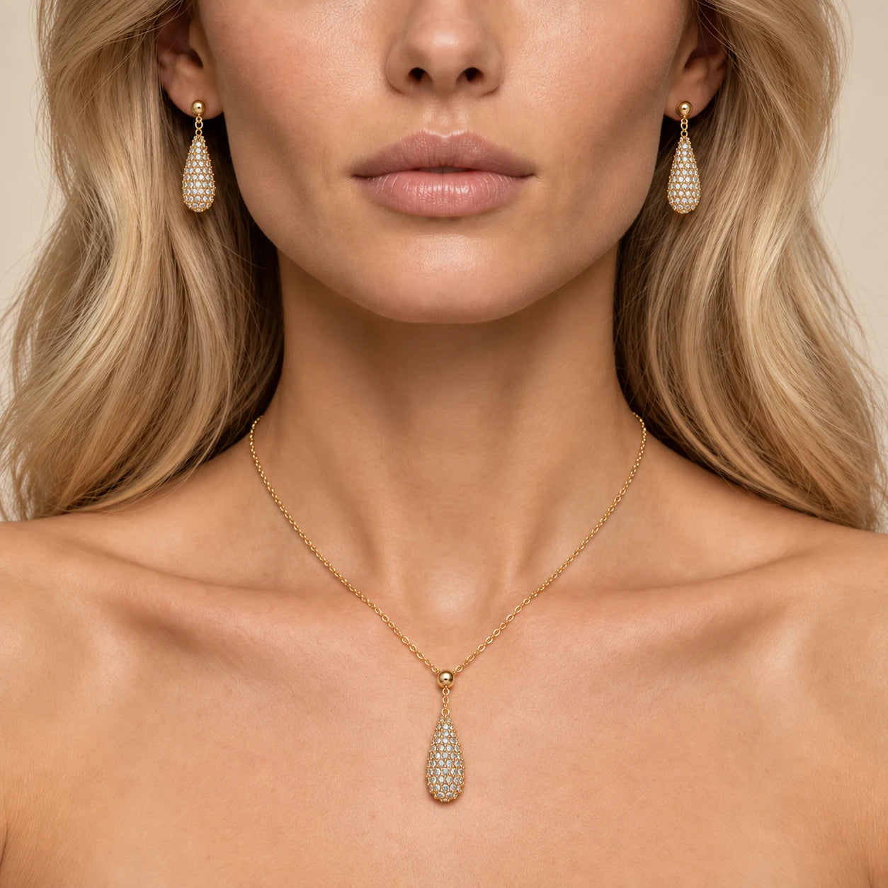 The Dorelle drop necklace and matching earrings worn as a set