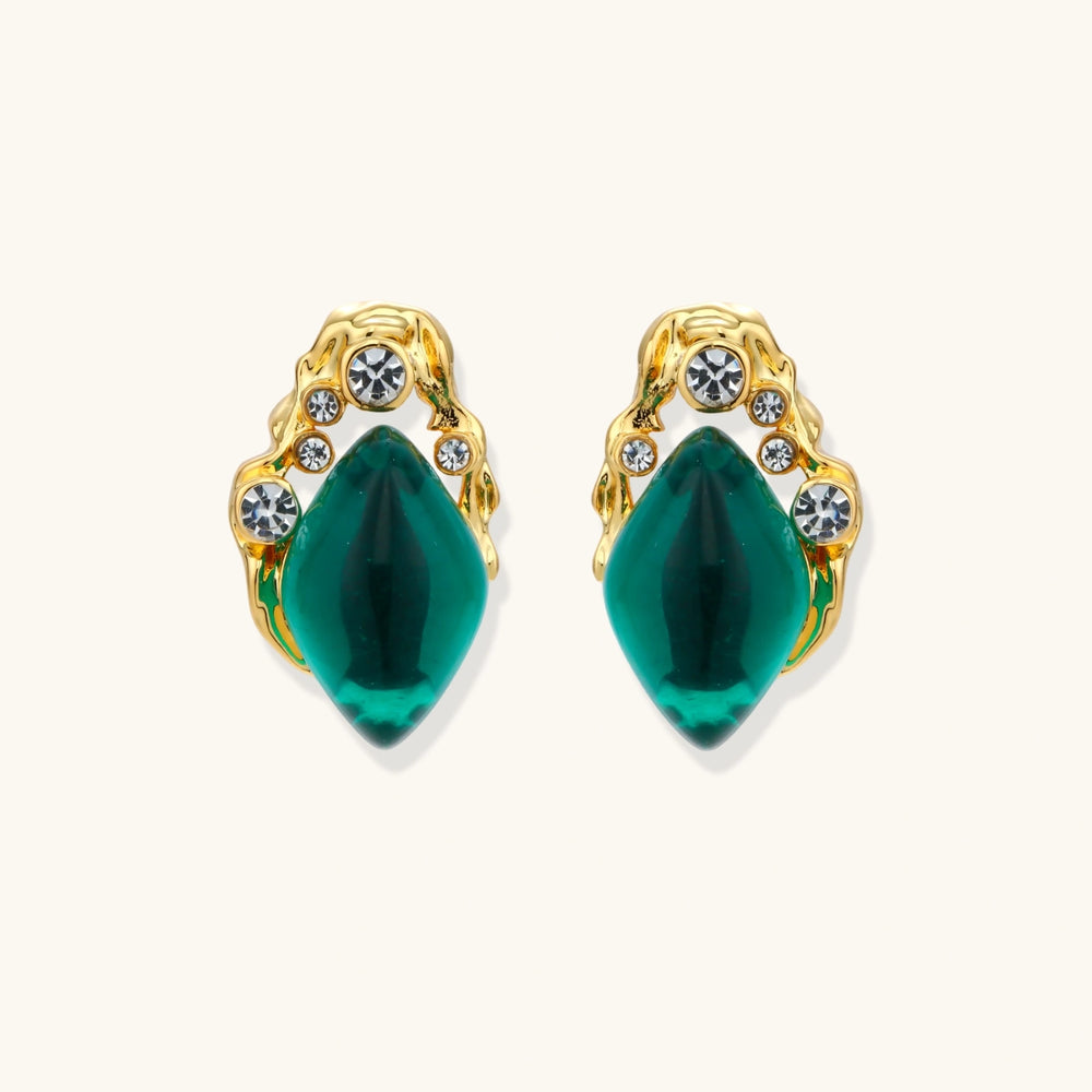 Gold-plated stud earrings featuring teardrop emerald green liuli stones with cubic zirconia crystal accents on white background.